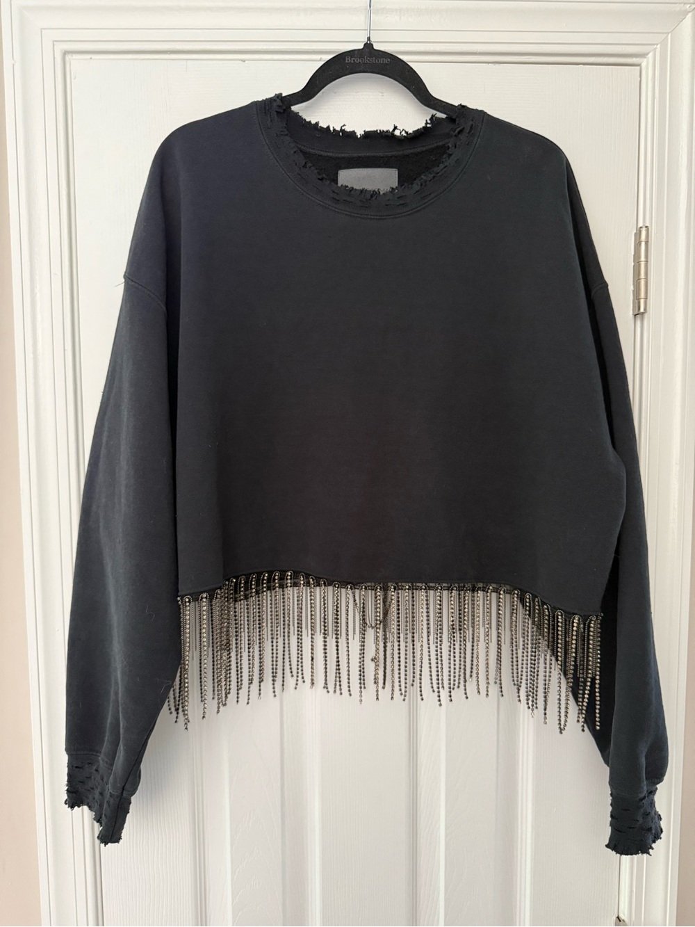Bloomingdale's Black Cropped Sweatshirt with Metallic Fringe